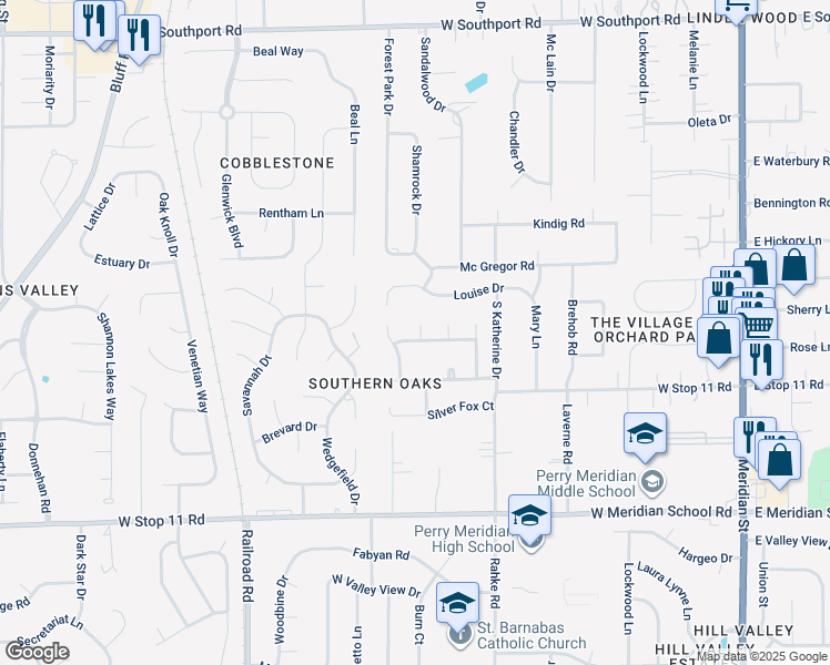 map of restaurants, bars, coffee shops, grocery stores, and more near 632 Meadows Edge Lane in Indianapolis