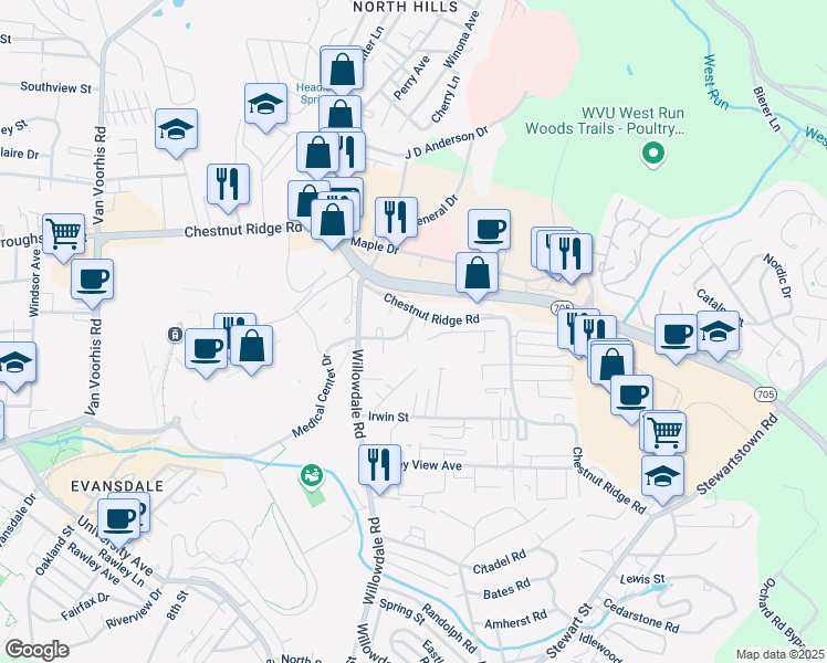 map of restaurants, bars, coffee shops, grocery stores, and more near 990 Northwestern Avenue in Morgantown