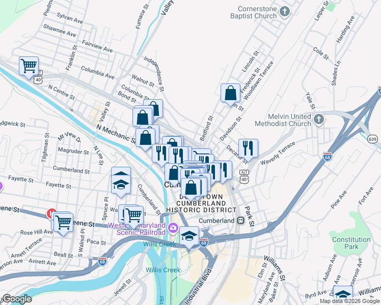 map of restaurants, bars, coffee shops, grocery stores, and more near 206 Bedford Street in Cumberland