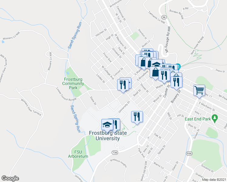 map of restaurants, bars, coffee shops, grocery stores, and more near 28 West College Avenue in Frostburg