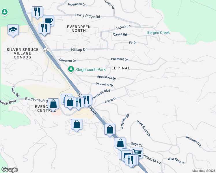 map of restaurants, bars, coffee shops, grocery stores, and more near 30220 Palomino Drive in Evergreen