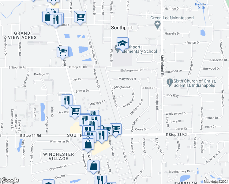 map of restaurants, bars, coffee shops, grocery stores, and more near 7647 Southfield Drive in Southport