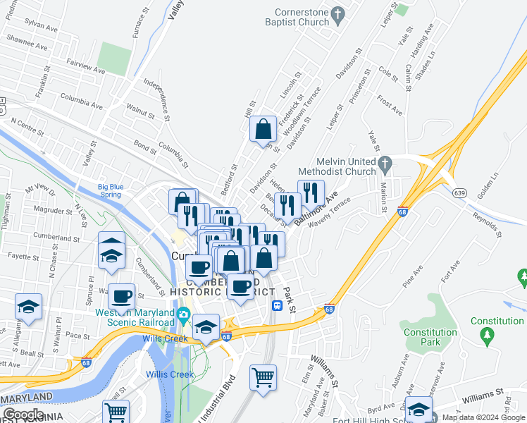 map of restaurants, bars, coffee shops, grocery stores, and more near 206 Decatur Street in Cumberland