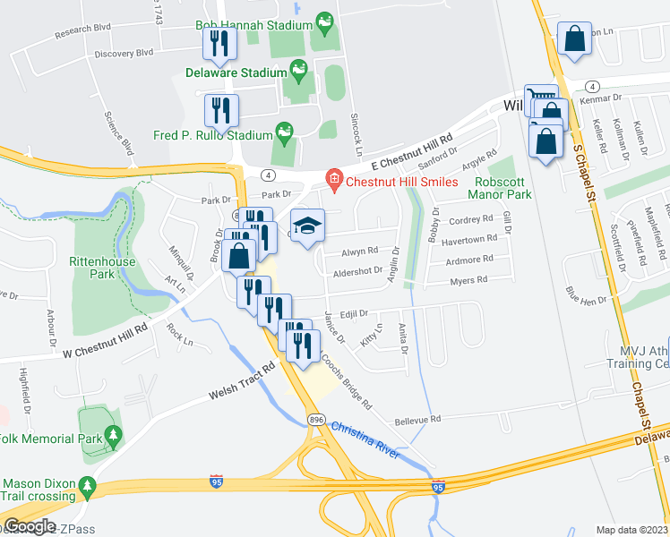 map of restaurants, bars, coffee shops, grocery stores, and more near 24 Alwyn Road in Newark
