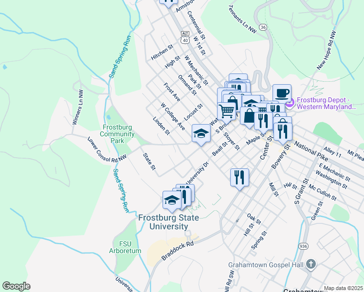 map of restaurants, bars, coffee shops, grocery stores, and more near 124 South Water Street in Frostburg