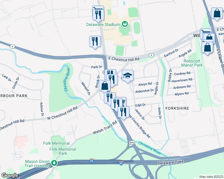 map of restaurants, bars, coffee shops, grocery stores, and more near 815 South College Avenue in Newark