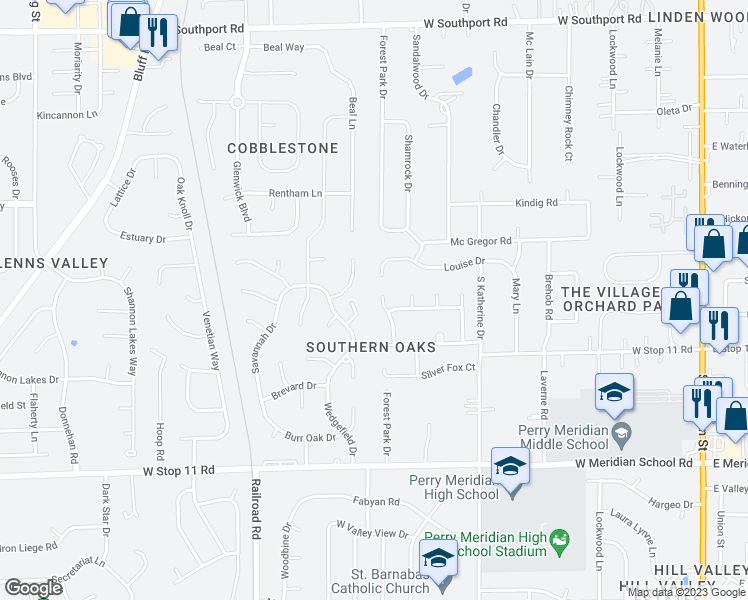 map of restaurants, bars, coffee shops, grocery stores, and more near 7618 Misty Meadow Drive in Indianapolis