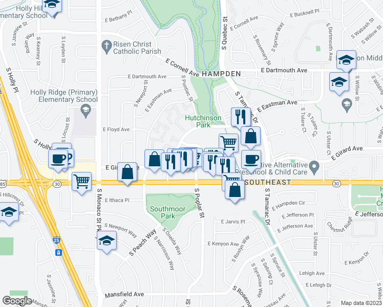 map of restaurants, bars, coffee shops, grocery stores, and more near 7100 East Hamilton Place in Denver