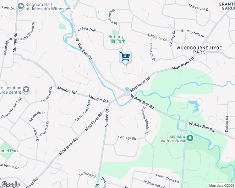 map of restaurants, bars, coffee shops, grocery stores, and more near 1476 West Alex Bell Road in Montgomery County