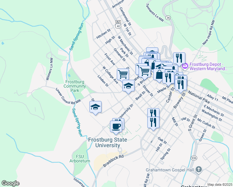 map of restaurants, bars, coffee shops, grocery stores, and more near 124 South Water Street in Frostburg