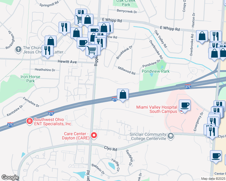 map of restaurants, bars, coffee shops, grocery stores, and more near 1720 Piper Lane in Dayton