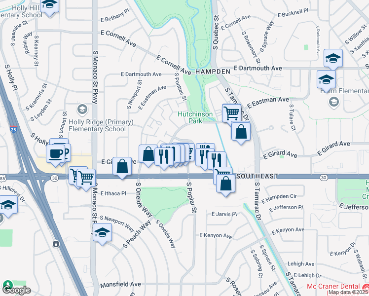 map of restaurants, bars, coffee shops, grocery stores, and more near 7100 East Hamilton Place in Denver