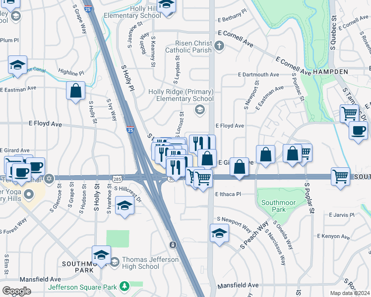 map of restaurants, bars, coffee shops, grocery stores, and more near 3331 South Monaco Parkway in Denver