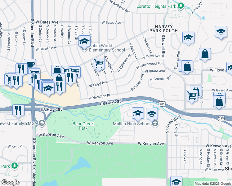 map of restaurants, bars, coffee shops, grocery stores, and more near 3365 South Raleigh Street in Denver