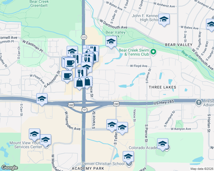 map of restaurants, bars, coffee shops, grocery stores, and more near 4701 West Girton Avenue in Lakewood