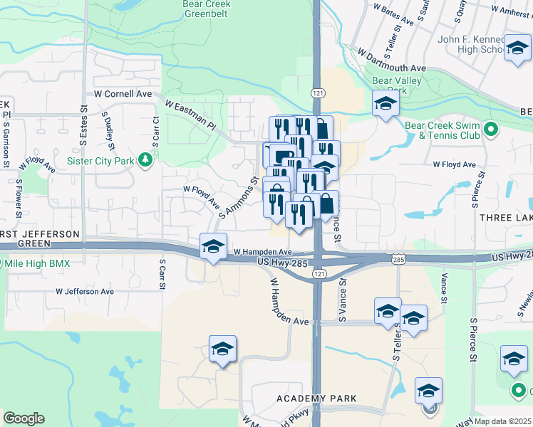 map of restaurants, bars, coffee shops, grocery stores, and more near 3355 South Yarrow Street in Lakewood