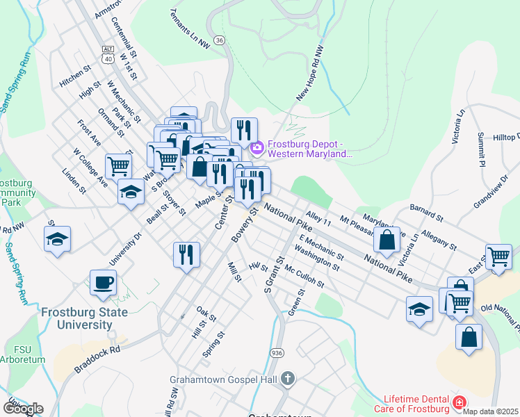 map of restaurants, bars, coffee shops, grocery stores, and more near 140 East Main Street in Frostburg