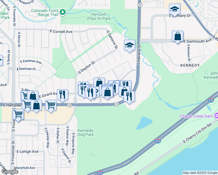 map of restaurants, bars, coffee shops, grocery stores, and more near 10025 East Girard Avenue in Denver