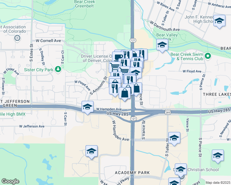 map of restaurants, bars, coffee shops, grocery stores, and more near 3355 South Yarrow Street in Lakewood