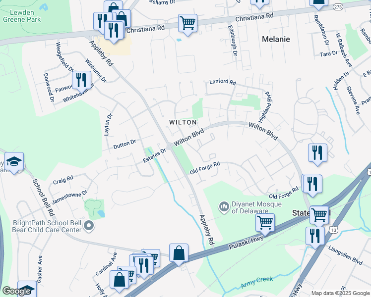 map of restaurants, bars, coffee shops, grocery stores, and more near 419 Ashton Lane in New Castle