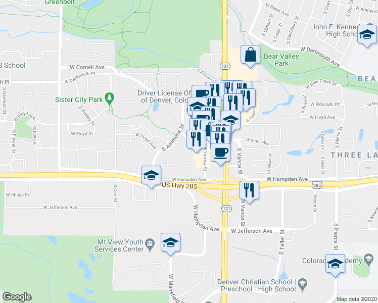 map of restaurants, bars, coffee shops, grocery stores, and more near 3355 South Yarrow Street in Lakewood