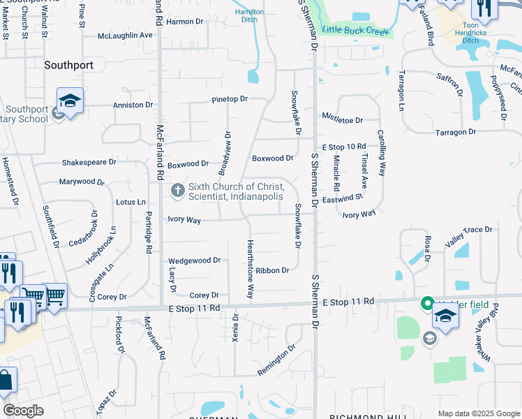 map of restaurants, bars, coffee shops, grocery stores, and more near 3602 Ivory Way in Indianapolis