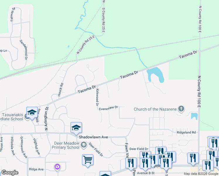map of restaurants, bars, coffee shops, grocery stores, and more near 704 Castleton Drive in Greencastle