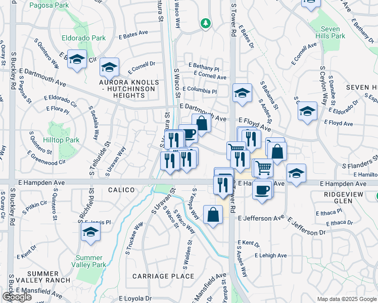 map of restaurants, bars, coffee shops, grocery stores, and more near 18211 East Girard Avenue in Aurora