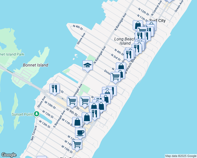 map of restaurants, bars, coffee shops, grocery stores, and more near 249 South 2nd Street in Surf City