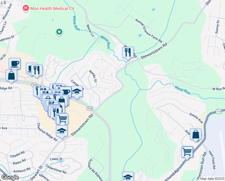 map of restaurants, bars, coffee shops, grocery stores, and more near The Villas Road in Morgantown