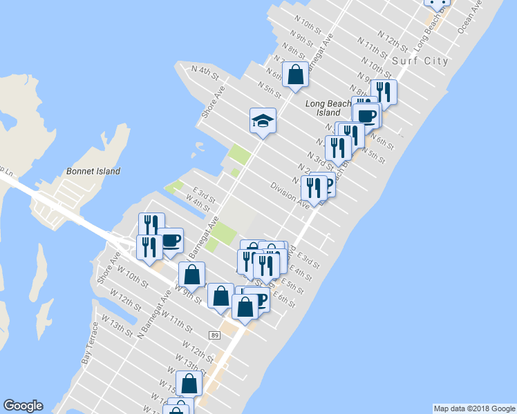 map of restaurants, bars, coffee shops, grocery stores, and more near 249 South 2nd Street in Surf City