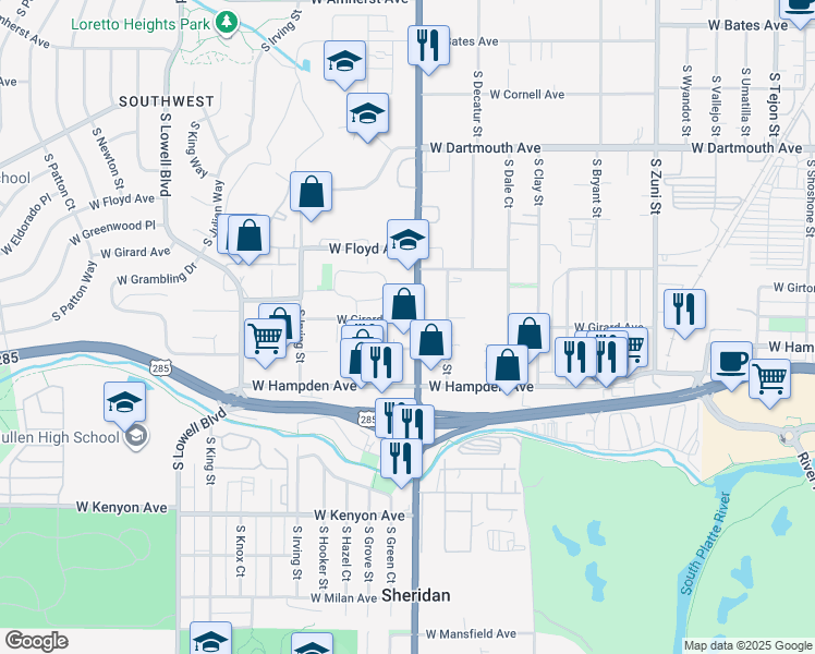map of restaurants, bars, coffee shops, grocery stores, and more near in Sheridan