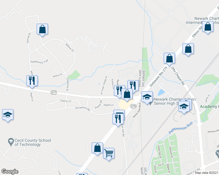 map of restaurants, bars, coffee shops, grocery stores, and more near 18 Marsh Lane in Elkton