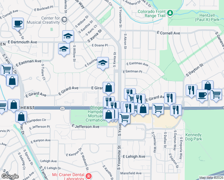 map of restaurants, bars, coffee shops, grocery stores, and more near 8787 East Girard Avenue in Denver