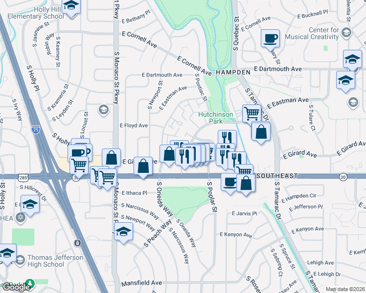 map of restaurants, bars, coffee shops, grocery stores, and more near 6959 East Girard Avenue in Denver