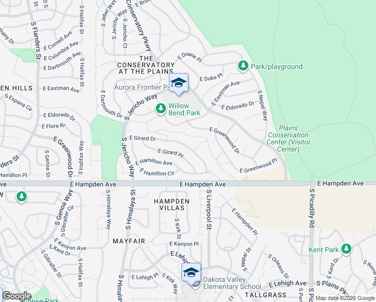 map of restaurants, bars, coffee shops, grocery stores, and more near 3361 South Kirk Court in Aurora