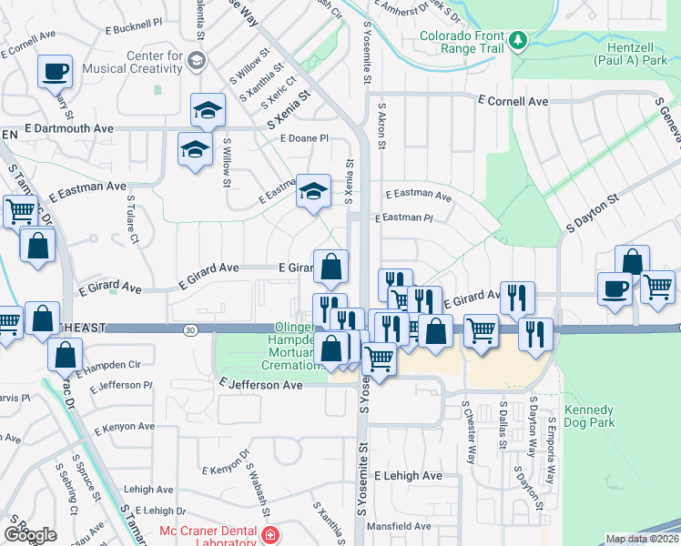 map of restaurants, bars, coffee shops, grocery stores, and more near 8787 East Girard Avenue in Denver