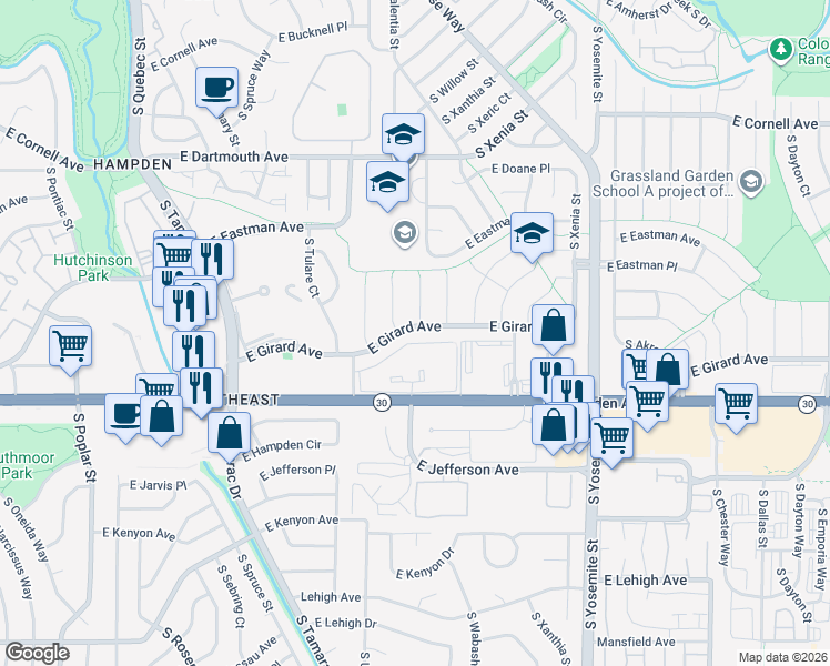 map of restaurants, bars, coffee shops, grocery stores, and more near 3385 South Valentia Court in Denver