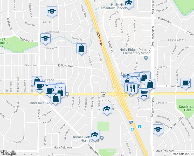 map of restaurants, bars, coffee shops, grocery stores, and more near 5675 East Greenwood Place in Denver