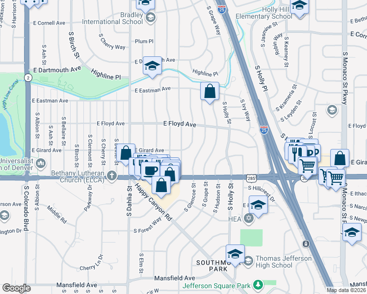 map of restaurants, bars, coffee shops, grocery stores, and more near 3369 South Flamingo Way in Denver