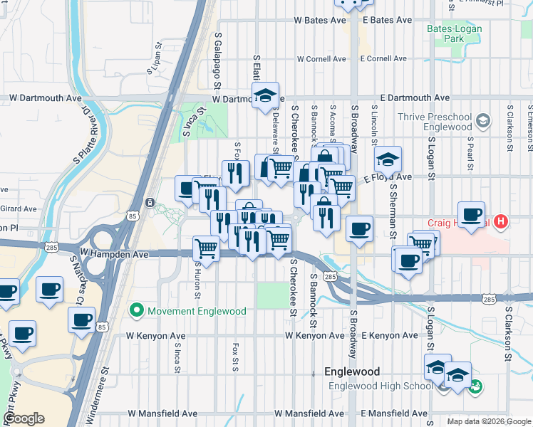 map of restaurants, bars, coffee shops, grocery stores, and more near in Englewood