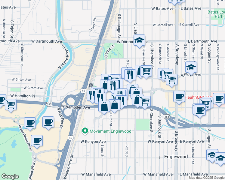 map of restaurants, bars, coffee shops, grocery stores, and more near 801 Englewood Parkway in Englewood