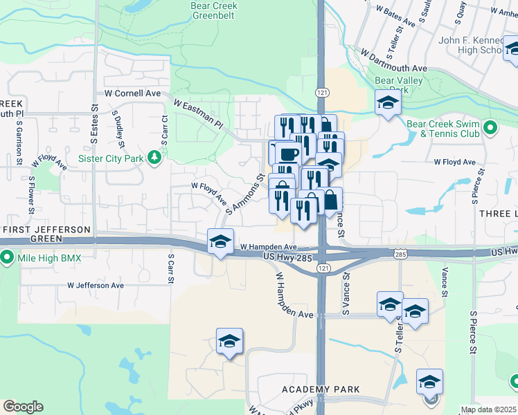 map of restaurants, bars, coffee shops, grocery stores, and more near 3340 South Ammons Street in Lakewood