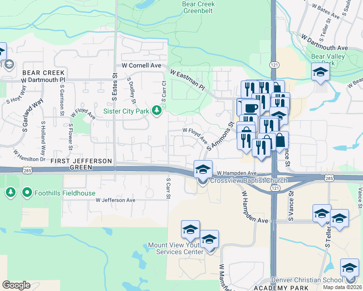 map of restaurants, bars, coffee shops, grocery stores, and more near 3423 South Ammons Street in Lakewood
