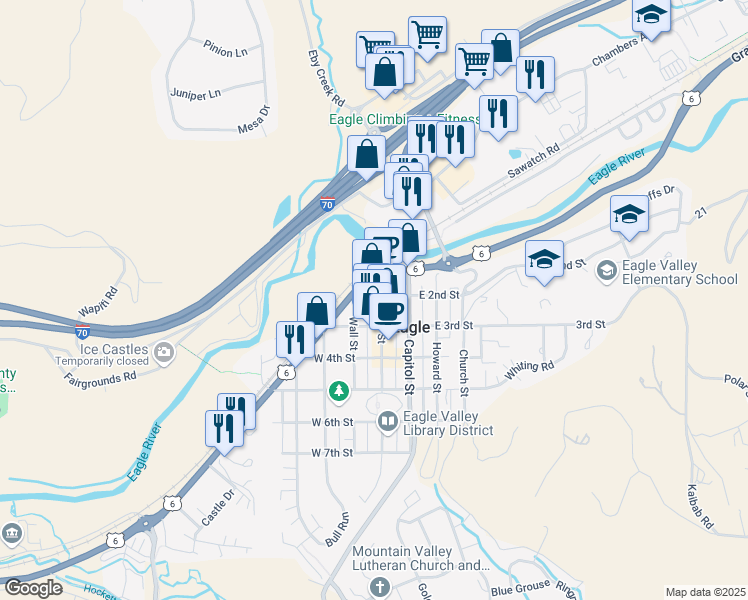 map of restaurants, bars, coffee shops, grocery stores, and more near in Eagle