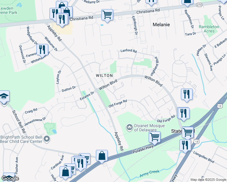map of restaurants, bars, coffee shops, grocery stores, and more near 403 Ashton Lane in New Castle