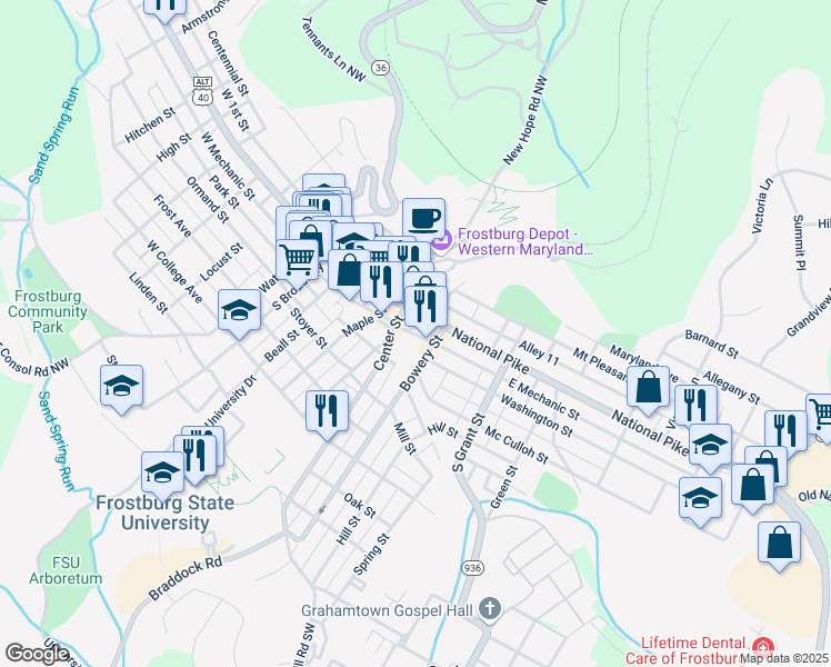 map of restaurants, bars, coffee shops, grocery stores, and more near 125 East Main Street in Frostburg