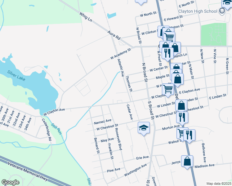 map of restaurants, bars, coffee shops, grocery stores, and more near 333 West High Street in Clayton