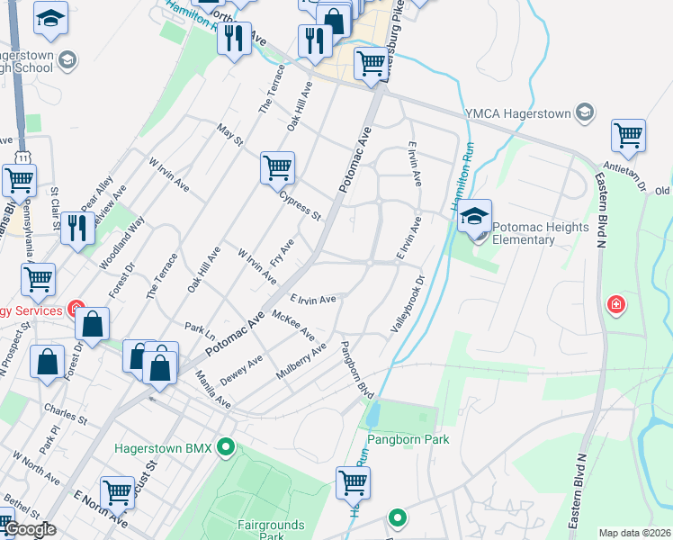 map of restaurants, bars, coffee shops, grocery stores, and more near 31 Mealey Parkway in Hagerstown