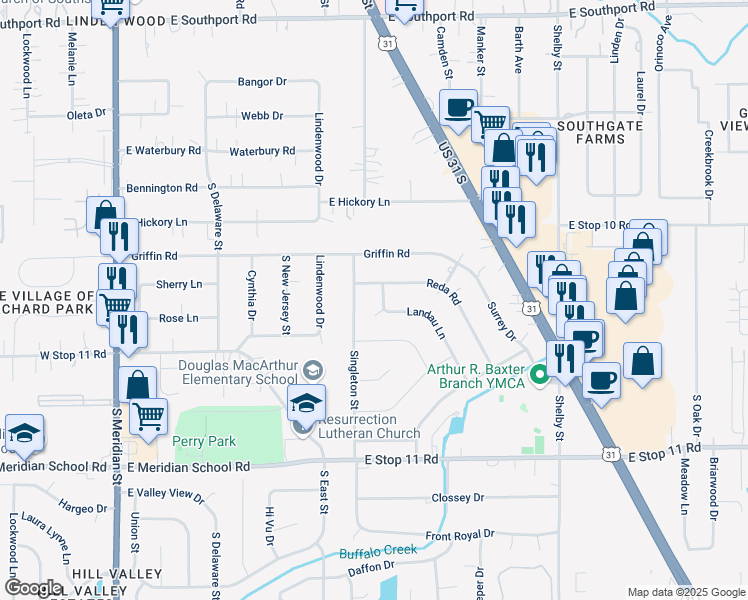 map of restaurants, bars, coffee shops, grocery stores, and more near 7613 Singleton Street in Indianapolis